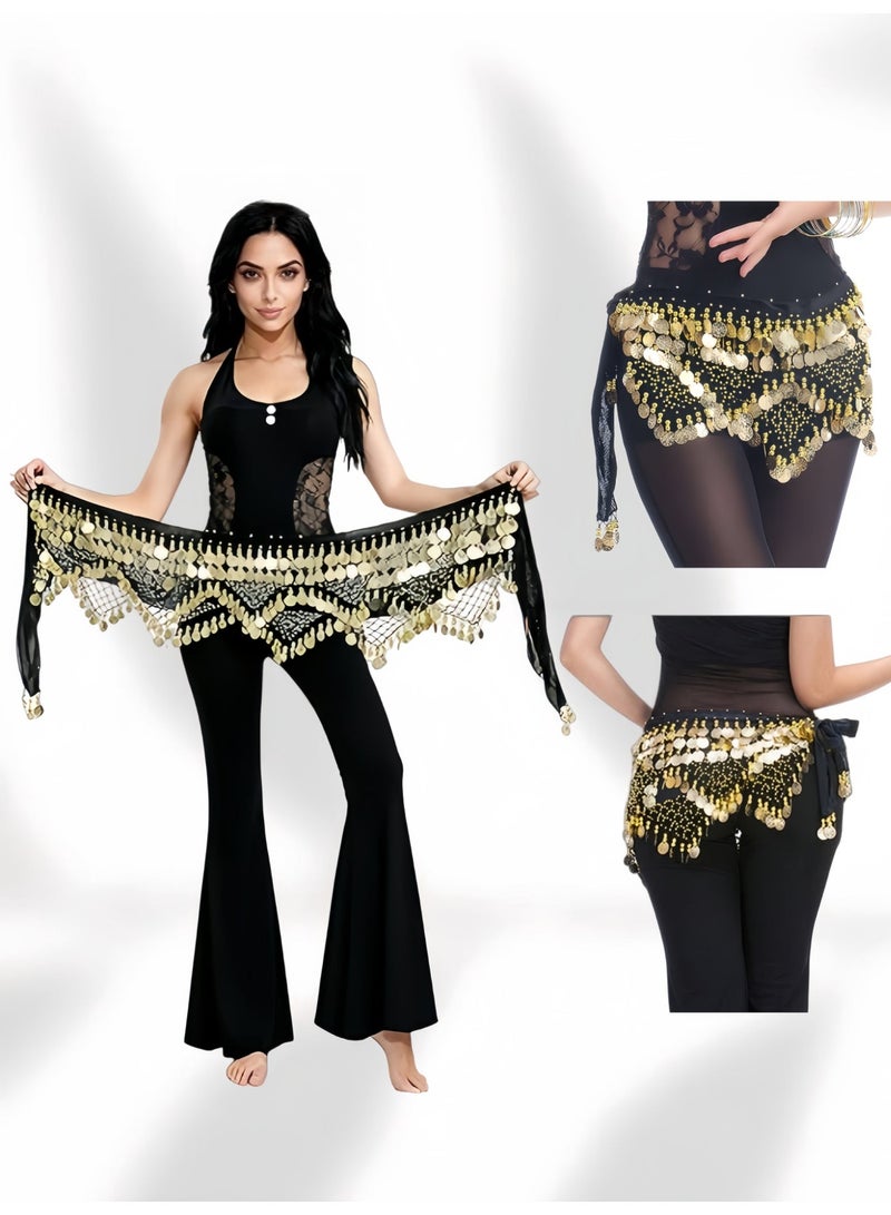 حِرَاس حزام الرقص الشرقي للورك مع 300 قطعة معدنية | مناديل رقص مصري ذهبية قابلة للتعديل للنساء | أسود لفعاليات وهزاز الوسط - Image 1